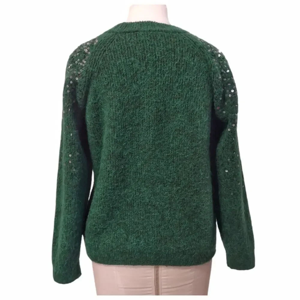 MARKS & SPENCER Green Sweater Size M Silver Sequins Crew Neck Raglan Sleeve Cozy